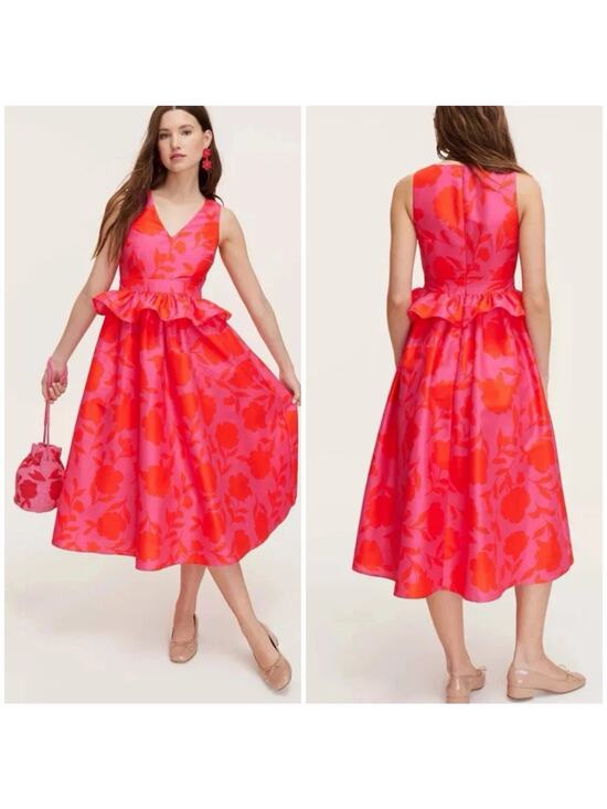 kate spade new york Dresses & Skirts - Kate Spade New York NWT Floral Jacquard Midi Dress 17 Pink Red Ruffle Waist